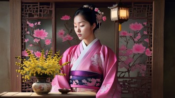 תמונה של נערה קוריאנית בלבוש מסורתי, מתבוננת בפרח באך מסוג Agrimony באגרטל קרמיקה קוריאני. התמונה משקפת דיאלוג שקט בין פרחי באך לרגש, בהשראת דרמות קוריאניות. נערה בלבוש קוריאני מסורתי נראית מביטה בפרח באך מסוג Agrimony באגרטל קרמיקה – דימוי עדין של הקשבה פנימית ופרחי באך בדיאלוג.